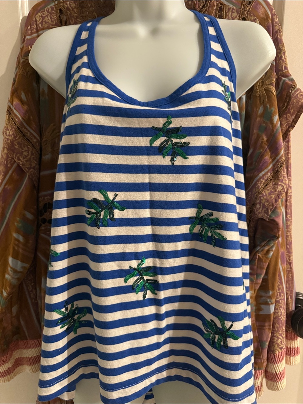 J.Crew Striped Blue and White with Green Palm Sequins Embroidered Racerback Tank - Picture 2 of 8
